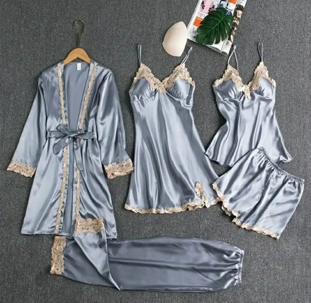 5-piece Pajama Set Silky Satin Lace Patchwork Women's Pajamas Set with Top Shorts Pants Loose Lace-up Waist Sleepwear for Women