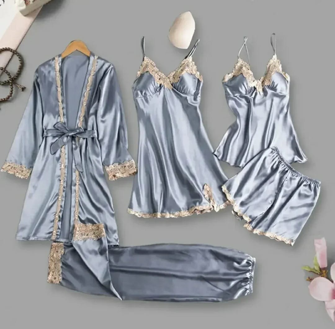 5-piece Pajama Set Silky Satin Lace Patchwork Women's Pajamas Set with Top Shorts Pants Loose Lace-up Waist Sleepwear for Women